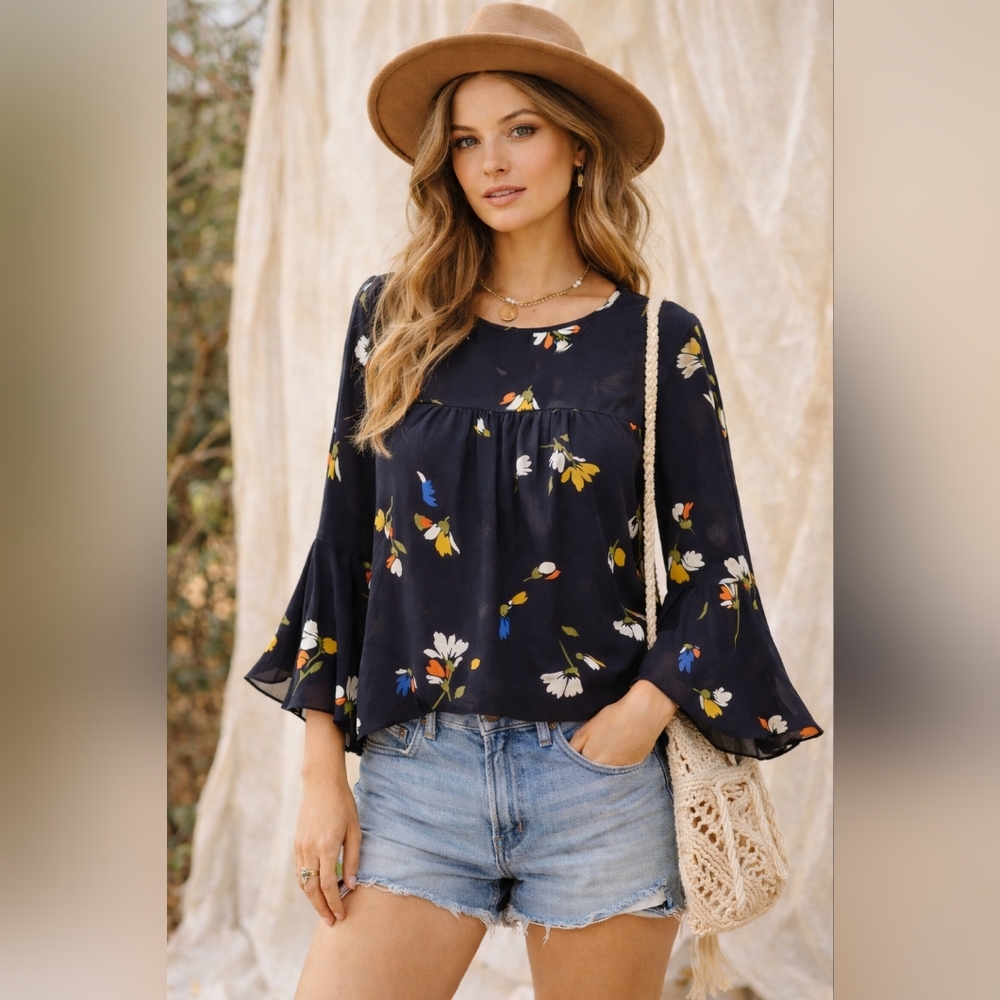 Large Joie 100% Silk Black Floral Bell Long Sleeve Boho Chic Blouse